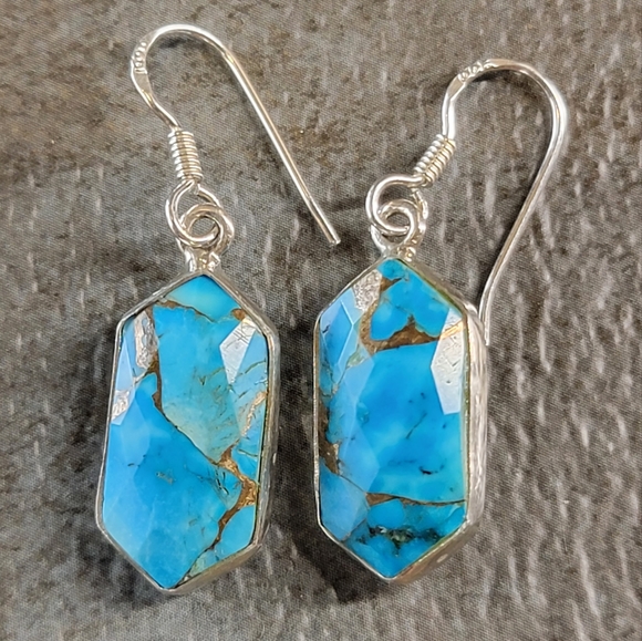 Handcrafted Jewelry - Native Copper Turquoise Gemstone Earrings Sterling Silver Boho Size Womens Gypsy